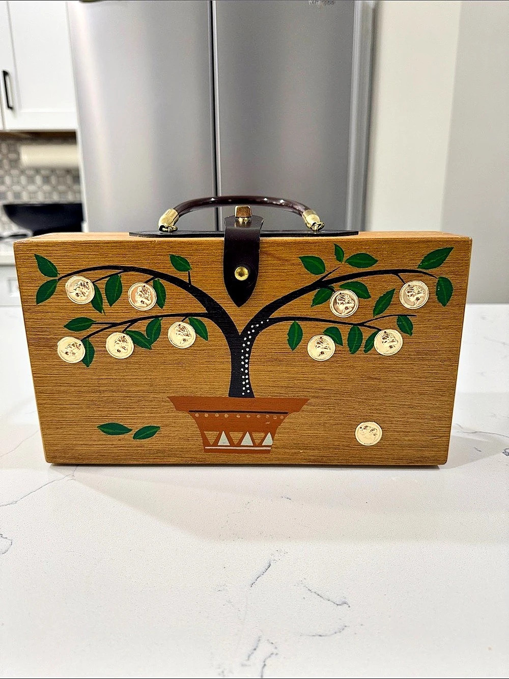VTG 1960s Gary Gail - Dallas Wooden Box Purse Money Tree Mirror Mid Century